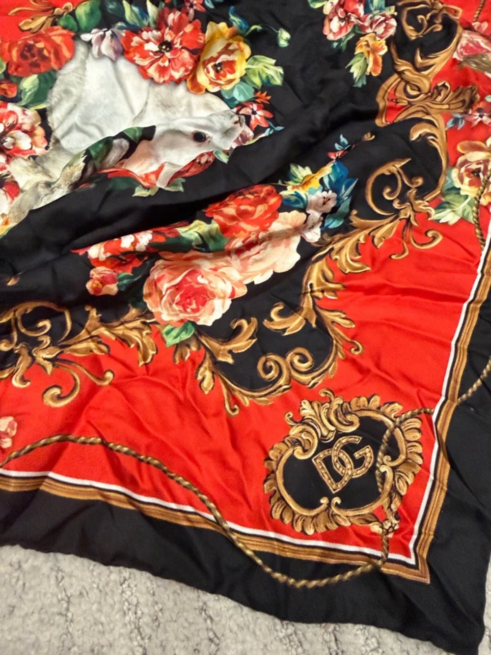 Dolce & Gabbana Black & Red Floral Baroque Silk Scarf - Picture 5 of 7